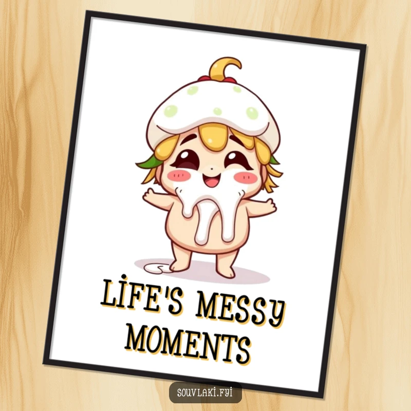 Funny giggling gyro character with dripping tzatziki, a humorous and appetizing poster design.