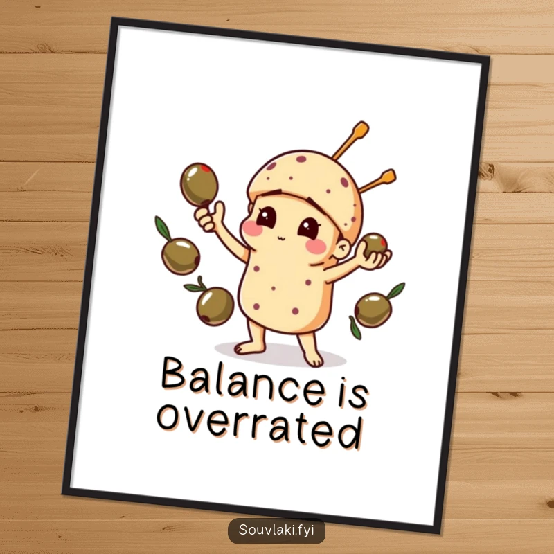 Funny poster art of a souvlaki comically juggling olives, adding a humorous and culinary theme to any room.