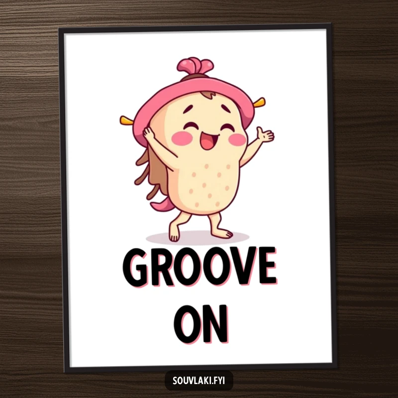 Funny Souvlaki Poster: A souvlaki skewer character performs an energetic jig, creating a humorous and joyful piece of art.