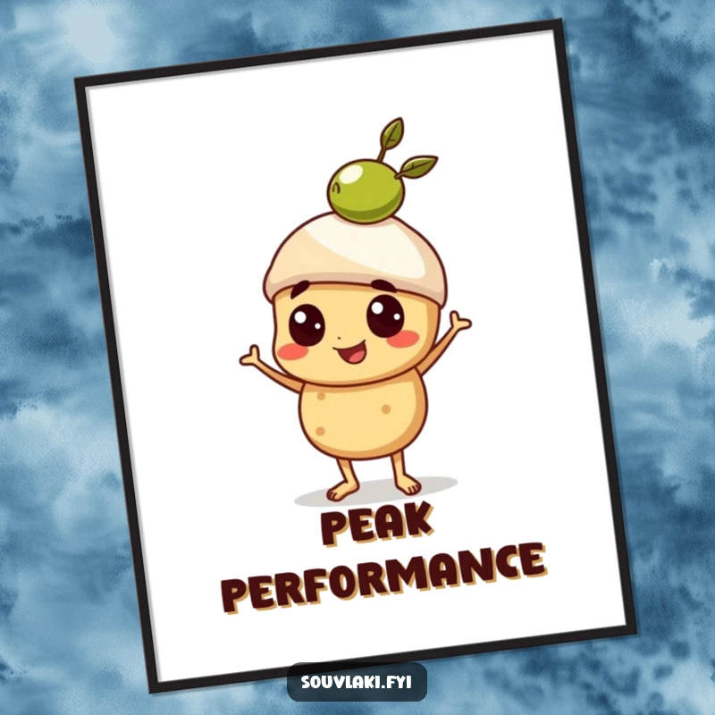 Funny Poster depicting a proud souvlaki character balancing a miniature olive on its skewer, a display of food mastery.