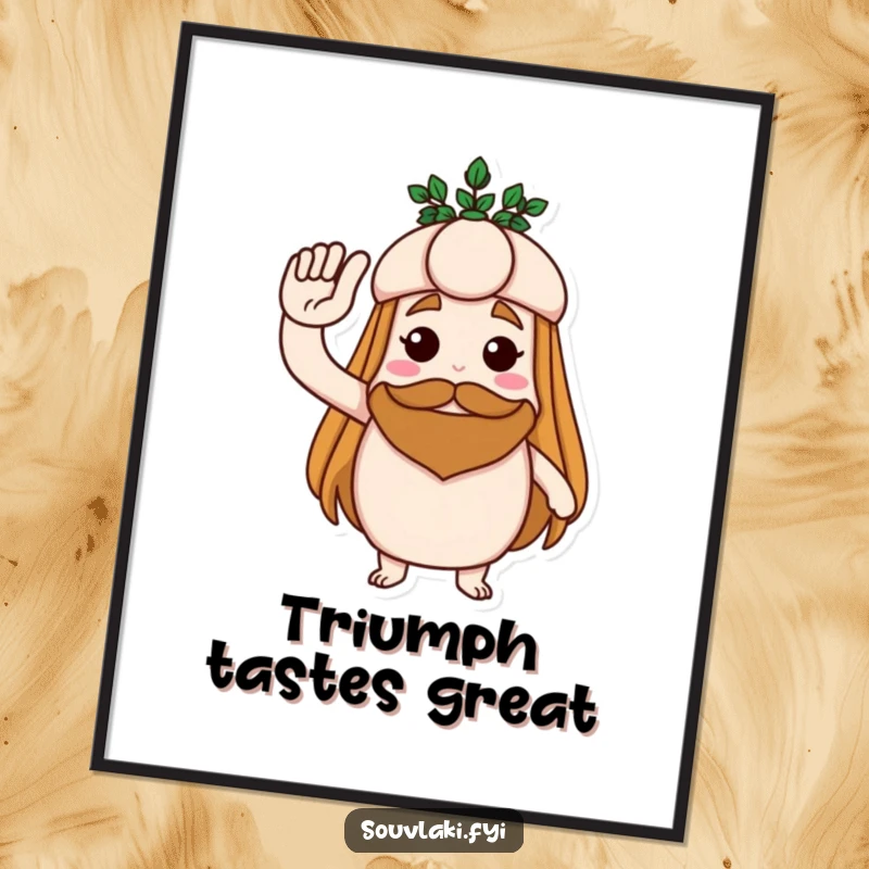 Funny poster art of a souvlaki giving a proud salute with a laurel wreath, celebrating heroism with humor.