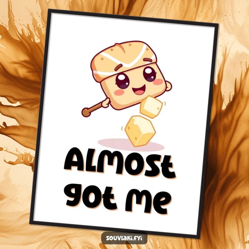 Funny Souvlaki Skewer Feta Fiasco Poster: A giggling souvlaki skewer playfully dodges a falling feta cheese cube.