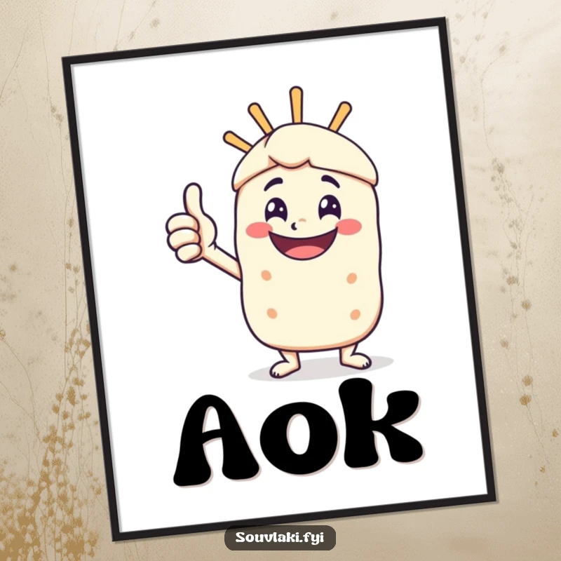 Funny poster of a happy souvlaki skewer character giving a vigorous thumbs-up, radiating pure joy.