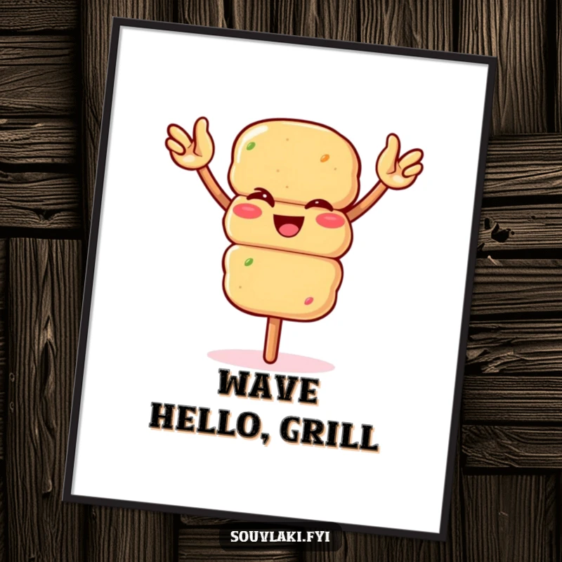 Funny souvlaki skewer winking and waving arms enthusiastically on a poster. A lively and humorous piece of wall art, ideal as a funny gift.