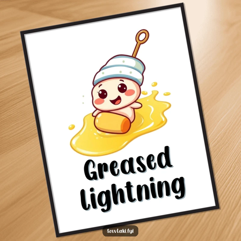 Funny souvlaki skewer character humorously sliding down an olive oil slick on a poster, adding wall art.