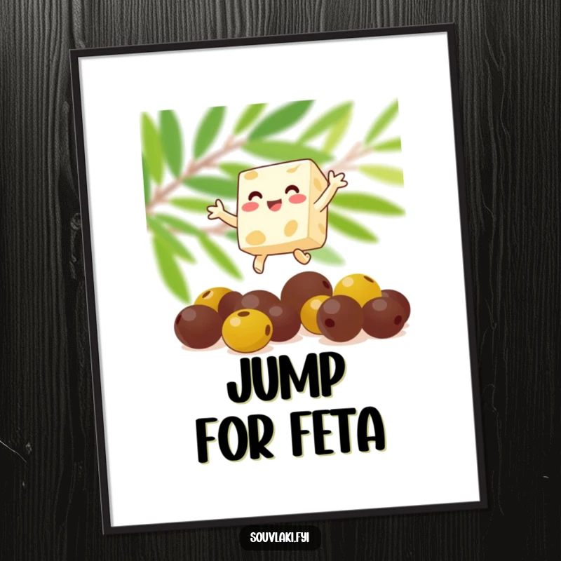Funny feta cheese cube happily leaping over olives on a poster. A joyful and energetic piece of wall art, ideal as a funny gift.