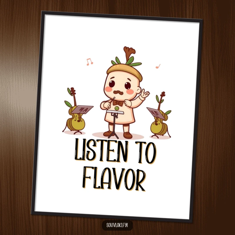 Funny poster featuring a souvlaki character as a conductor, leading a miniature orchestra of olives.