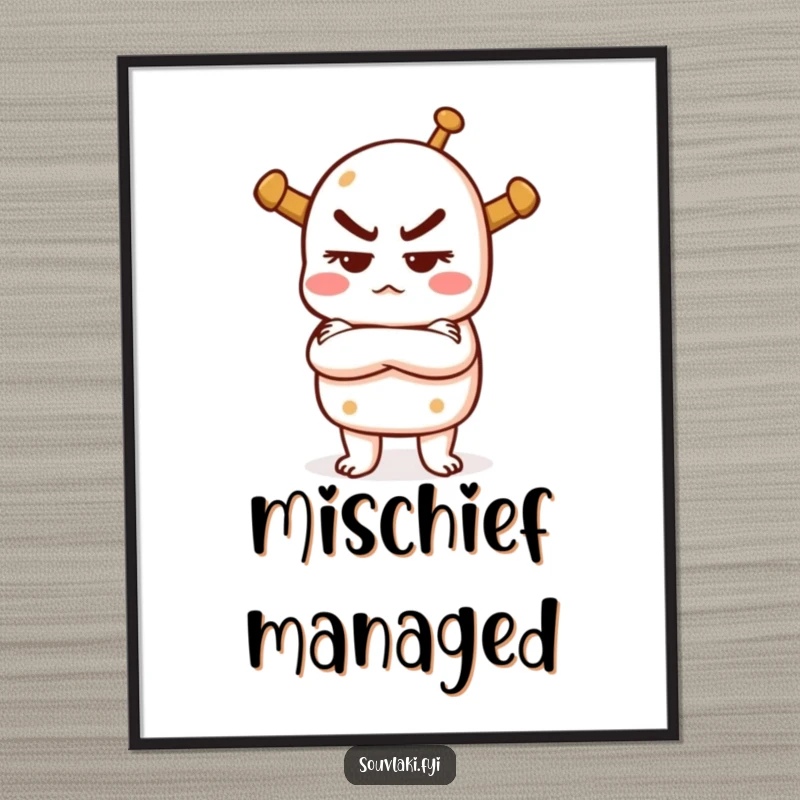 Funny poster art of a souvlaki with crossed arms, looking mischievous, adding a bold and humorous touch to any room.