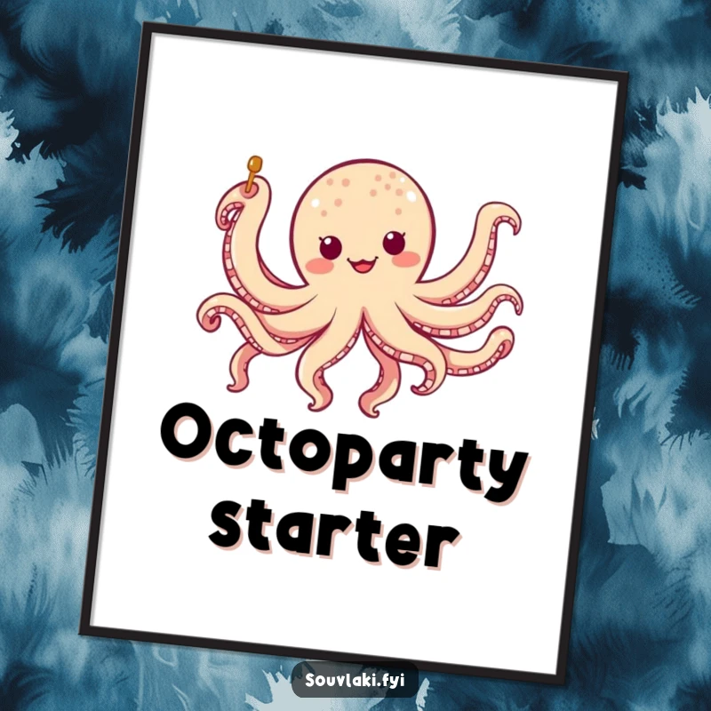 Funny chubby octopus skewer poster with a character doing a silly eight-legged jig, a vibrant and humorous funny gift.