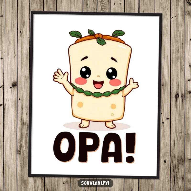 Funny Poster showcasing a happy feta cheese character in a toga, raising its hands in a jubilant cheer.