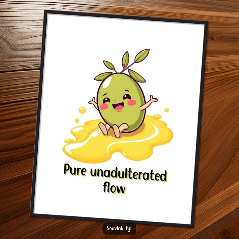 Funny Olive Poster: An artistic depiction of a cheerful olive character sliding gleefully down a stream of olive oil, full of joy.