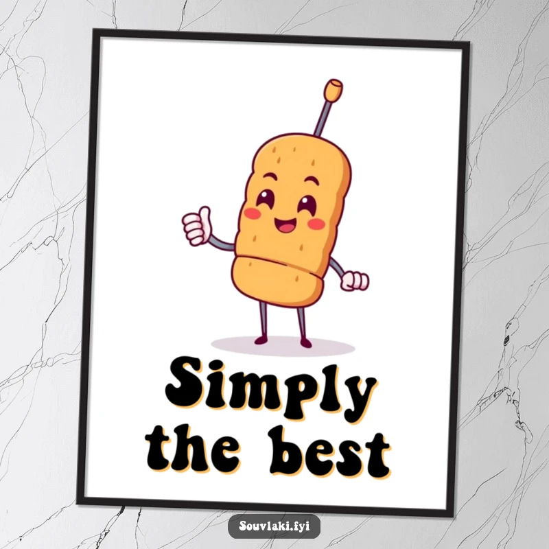 Funny proud souvlaki skewer character giving a cheerful nod, presented as a vibrant art print.