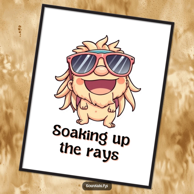 Funny Poster: Souvlaki character wearing sunglasses, big smile, comically enjoying the warmth of sunshine.