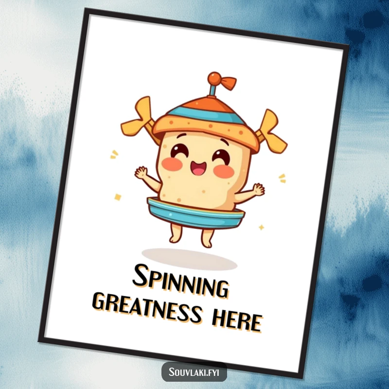 Funny poster art of a souvlaki perfectly spinning a miniature gyros, celebrating culinary expertise with humor.