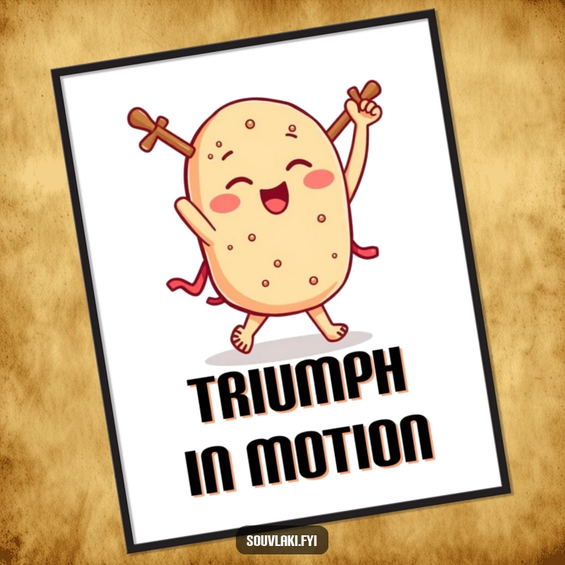 Funny souvlaki poster, a winking Greek skewer performs a joyful dance, bringing vibrant and hilarious food art to walls.