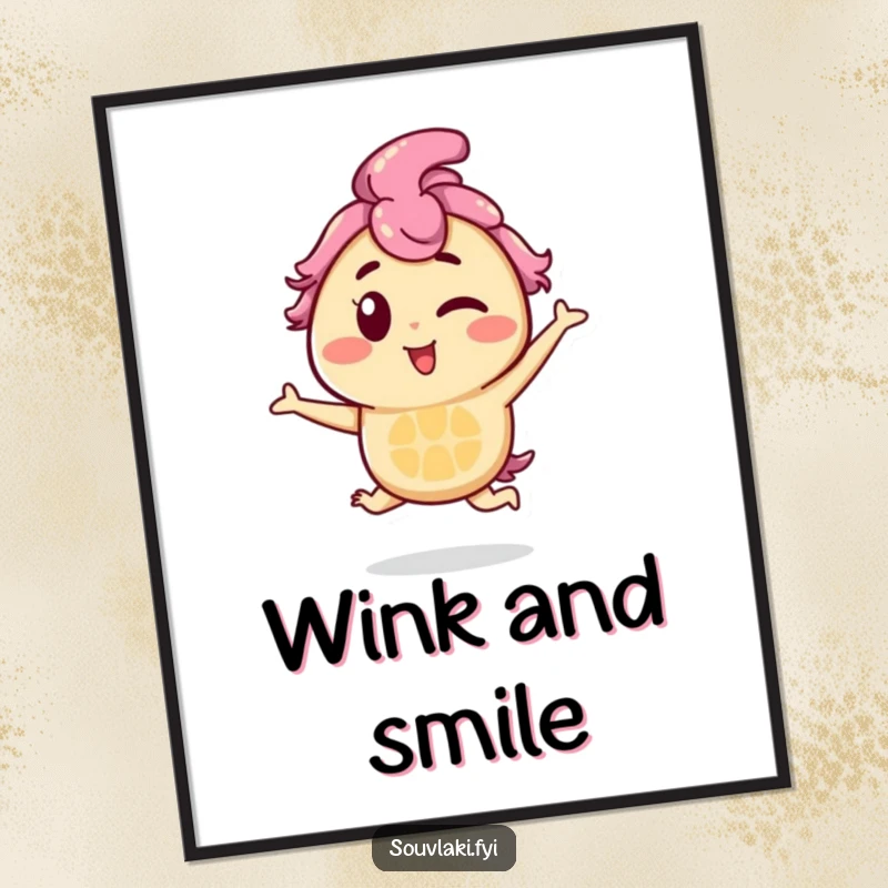 Funny Souvlaki Poster: A souvlaki skewer character winks and hops playfully, creating a humorous and charming piece of wall art.