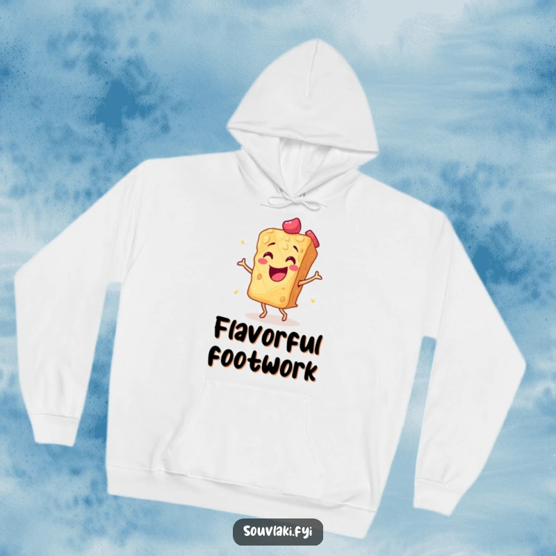 Funny baklava piece performing an energetic flamenco dance on a hoodie, full of sweet flair. A comfortable and amusing apparel item, great as a funny gift.