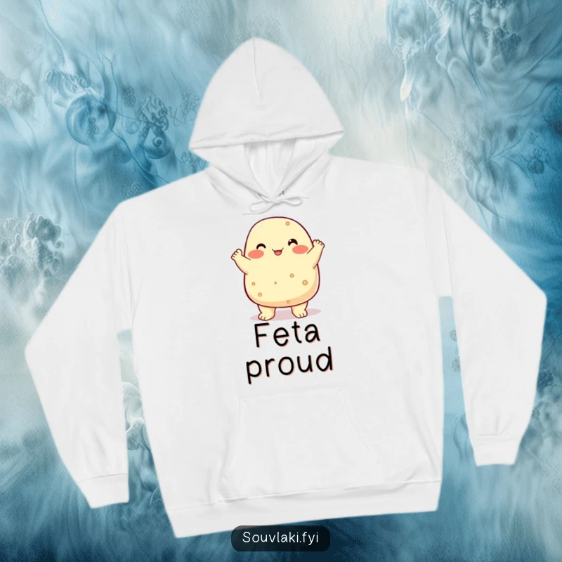 Funny chubby feta cheese character chest bumping, a warm and proud hoodie design.