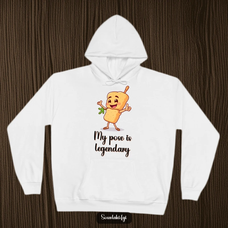 Funny souvlaki skewer hoodie with a happy character striking a heroic pose, a warm and courageous funny gift.