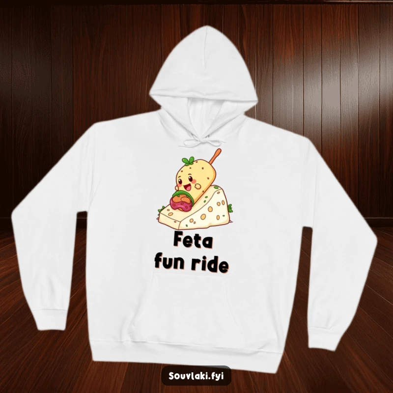 Funny Souvlaki Hoodie with a giddy souvlaki sliding down a hill of feta cheese, cozy and full of cheesy humor.
