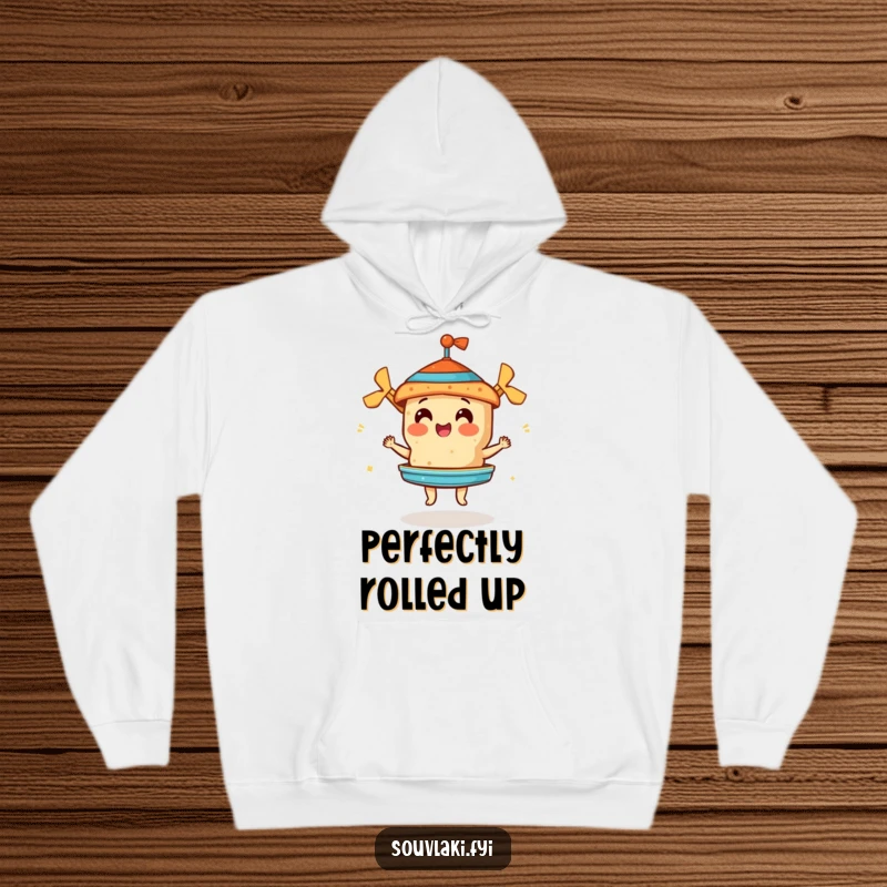 Funny hoodie featuring a cheerful souvlaki spinning a mini gyros, embodying culinary passion and humorous warmth.