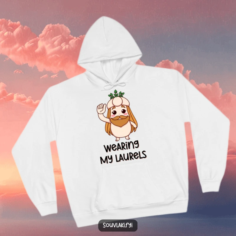 Funny hoodie showing a souvlaki proudly saluting with a laurel wreath, embodying heroic spirit and cozy humor.