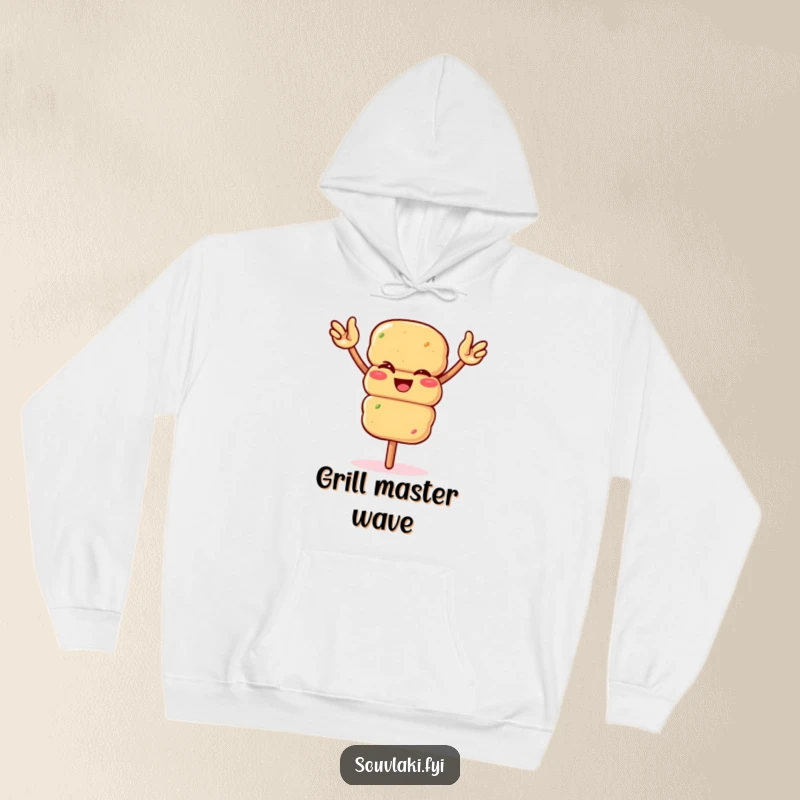 Funny souvlaki skewer winking and waving arms enthusiastically on a cozy hoodie. A comfortable and amusing apparel choice, ideal as a funny gift.