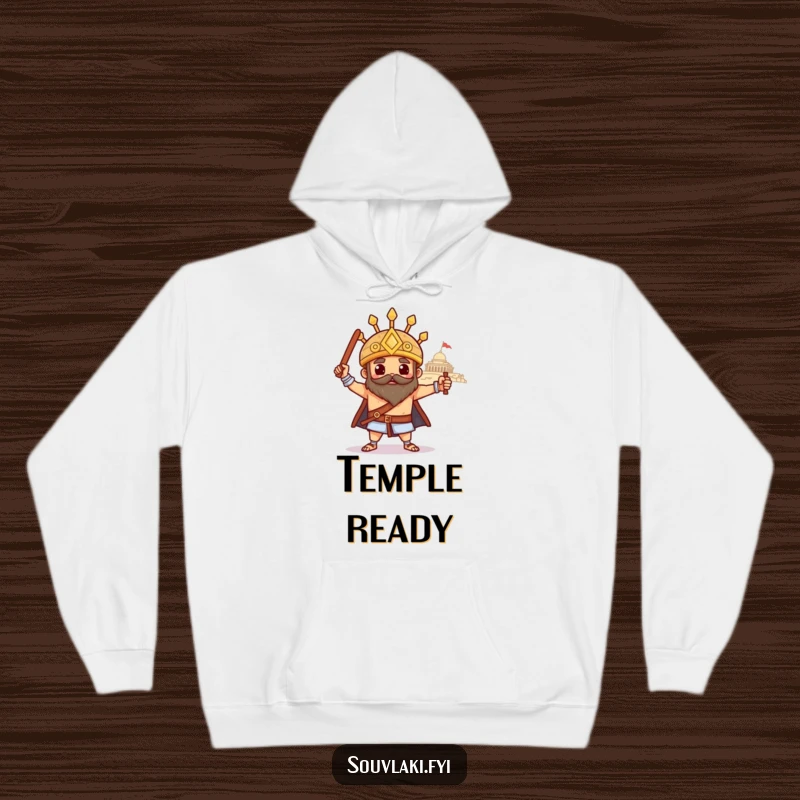 Funny souvlaki hoodie, a proud Greek skewer strikes a heroic pose with a distant temple, offering warmth and grandeur.