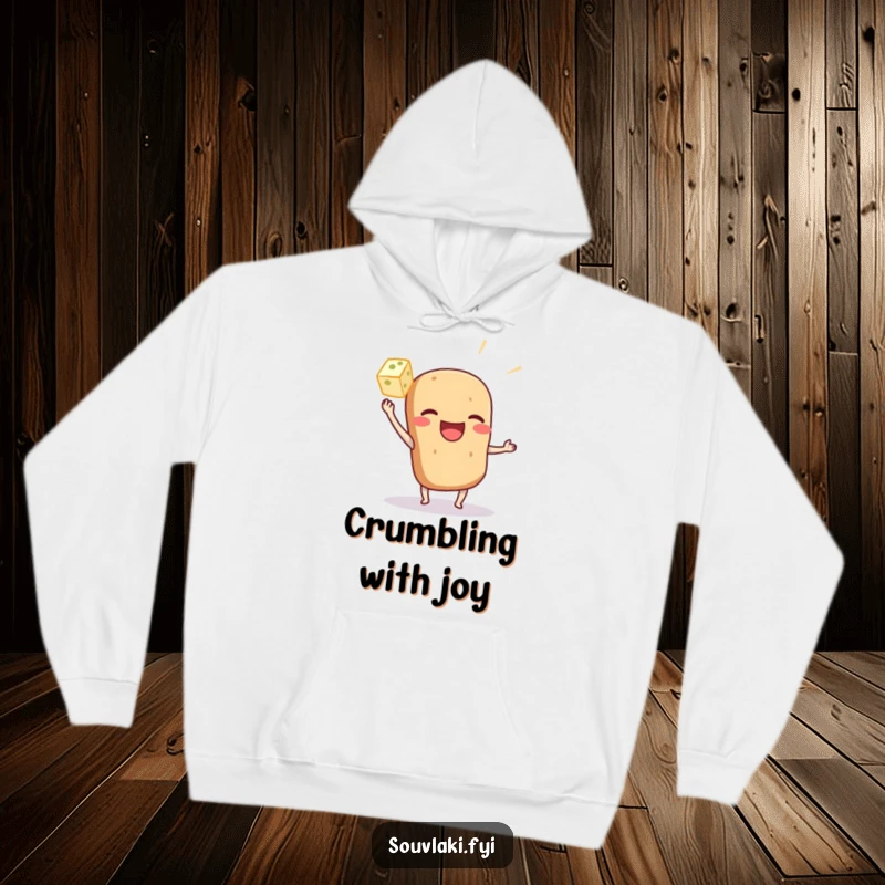 Funny souvlaki hoodie playfully tossing a feta cube, offering warmth and a humorous nod to delicious Greek food.