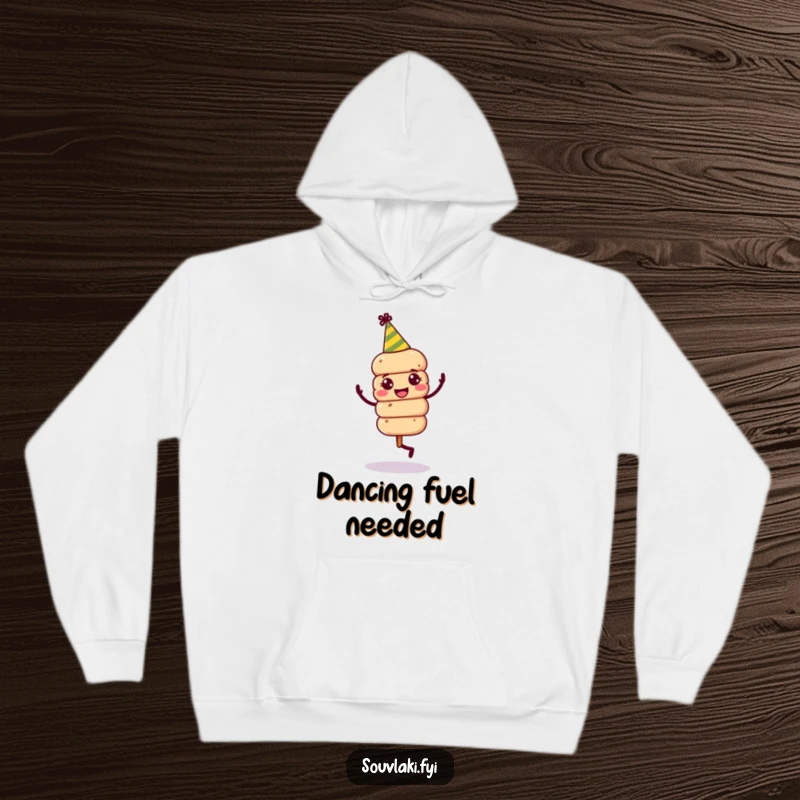 Funny Souvlaki Skewer Party Hoodie: A jovial souvlaki skewer in a party hat dances enthusiastically.
