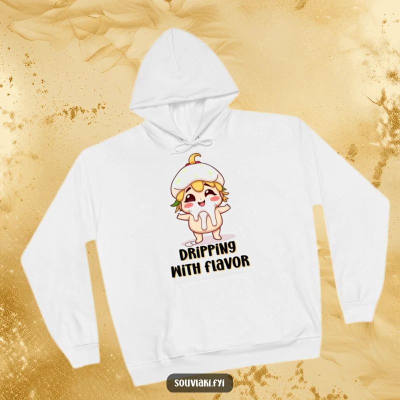 Funny giggling gyro character with dripping tzatziki, a warm and humorous hoodie design.