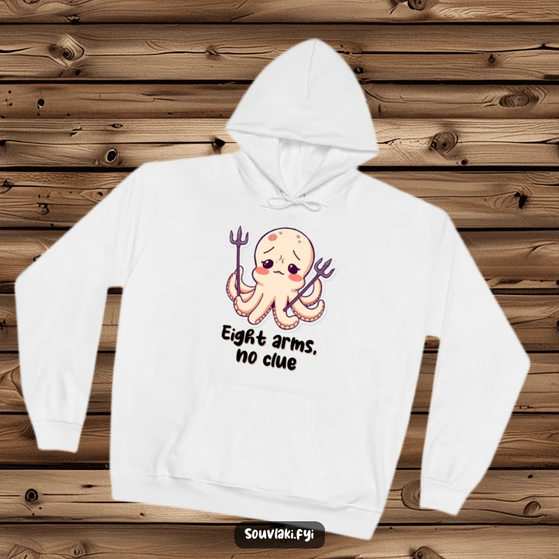 Funny Octopus Hoodie: A confused octopus character wears a tiny, askew trident, offering cozy comfort and a touch of humorous mystery.