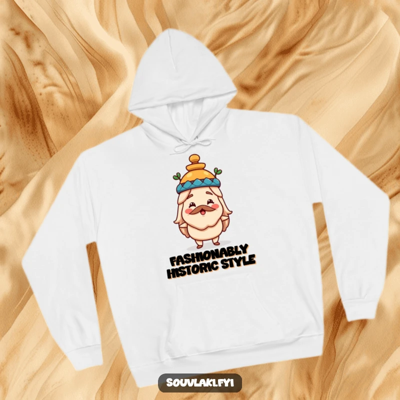 Funny souvlaki hoodie featuring a happy Greek food character wearing a miniature amphora hat, offering cozy and humorous historical charm.