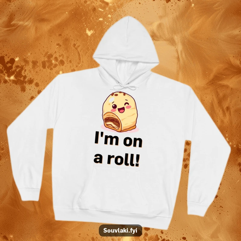 Funny Hoodie: A happy baklava character with nutty layers comically attempts to roll downhill, offering warm comfort and humor.