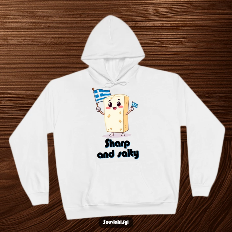 Funny hoodie with a proud feta cheese character holding a small Greek flag, offering warm, humorous comfort and cultural pride.