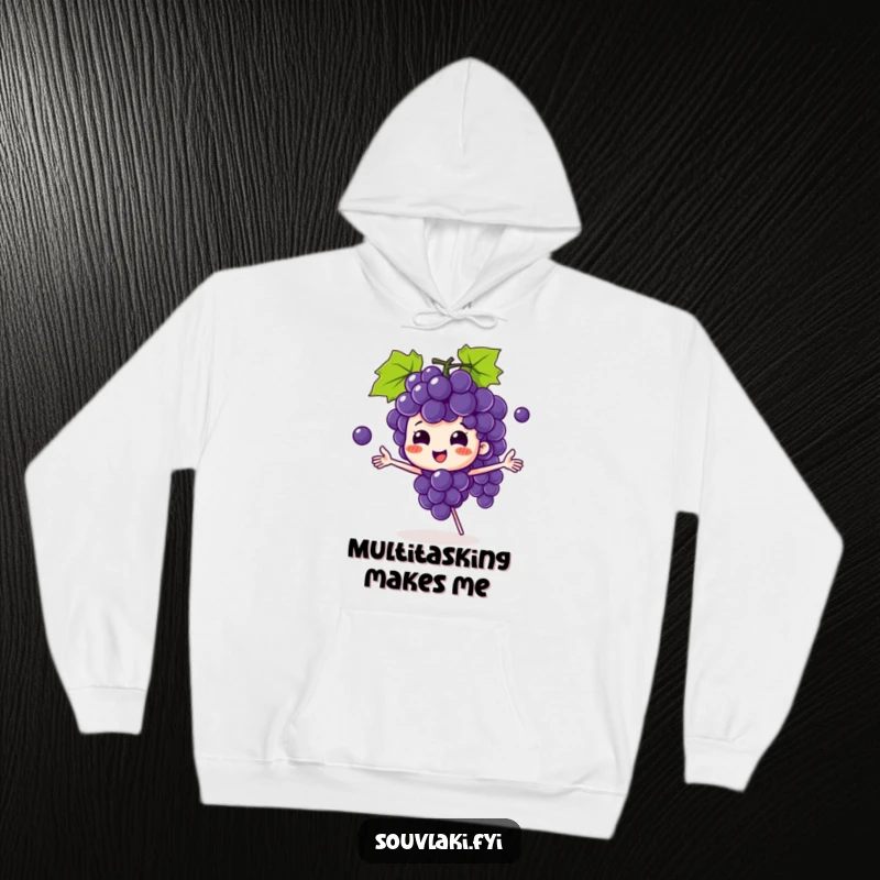 Funny grape bunch hoodie showcasing a playful character juggling grapes, offering warmth and a whimsical, amusing design.