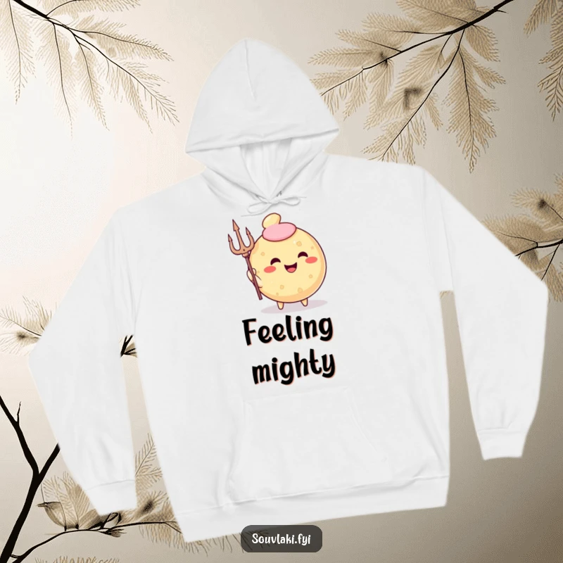 Funny Hoodie depicting a smiling, round fried pastry character holding a trident, embodying a kingly vibe.