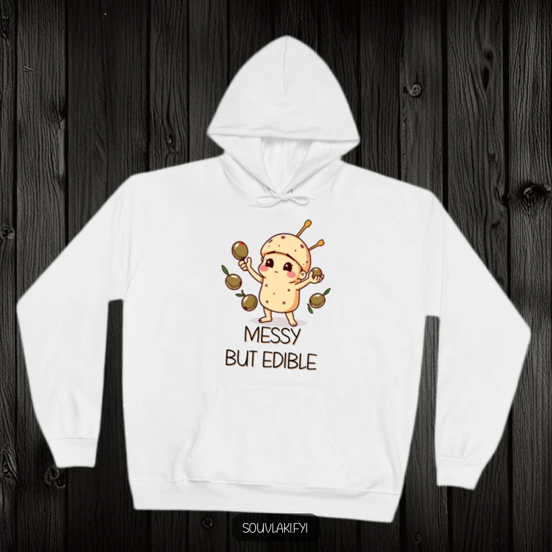 Funny hoodie featuring a souvlaki comically juggling olives, offering warmth and a humorous culinary mishap.