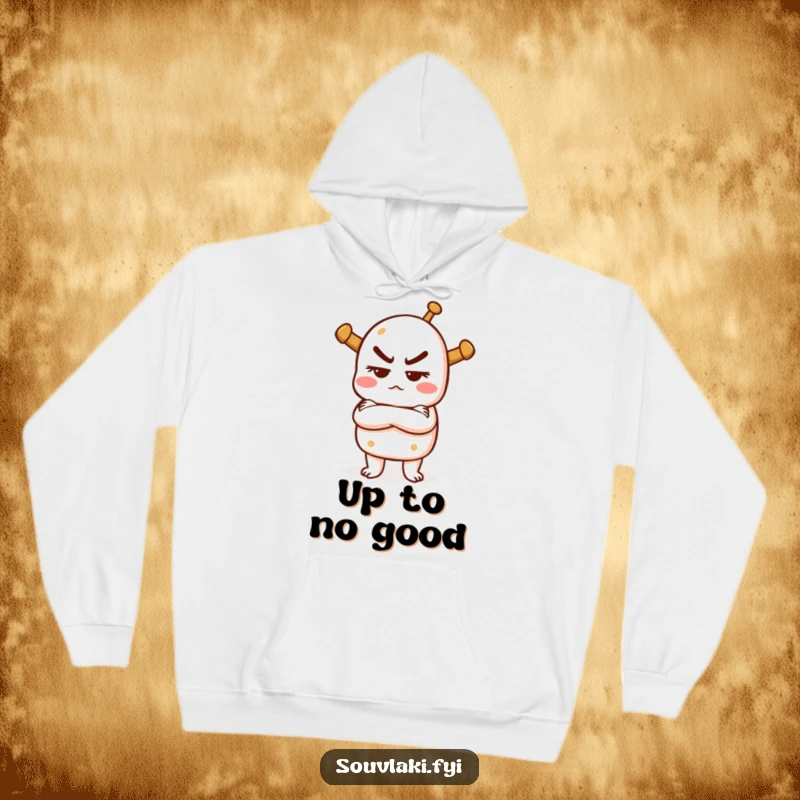 Funny hoodie featuring a souvlaki with crossed arms and a mischievous expression, offering warmth and a touch of playful defiance.