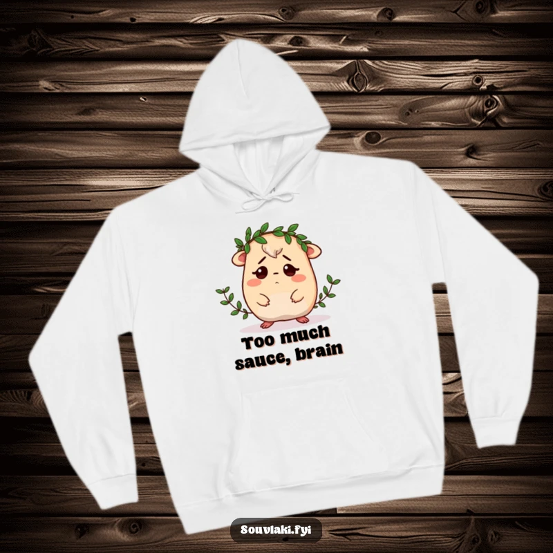 Funny Moussaka Hoodie: A bewildered moussaka character is depicted trying to place a miniature laurel wreath, exuding comical confusion.