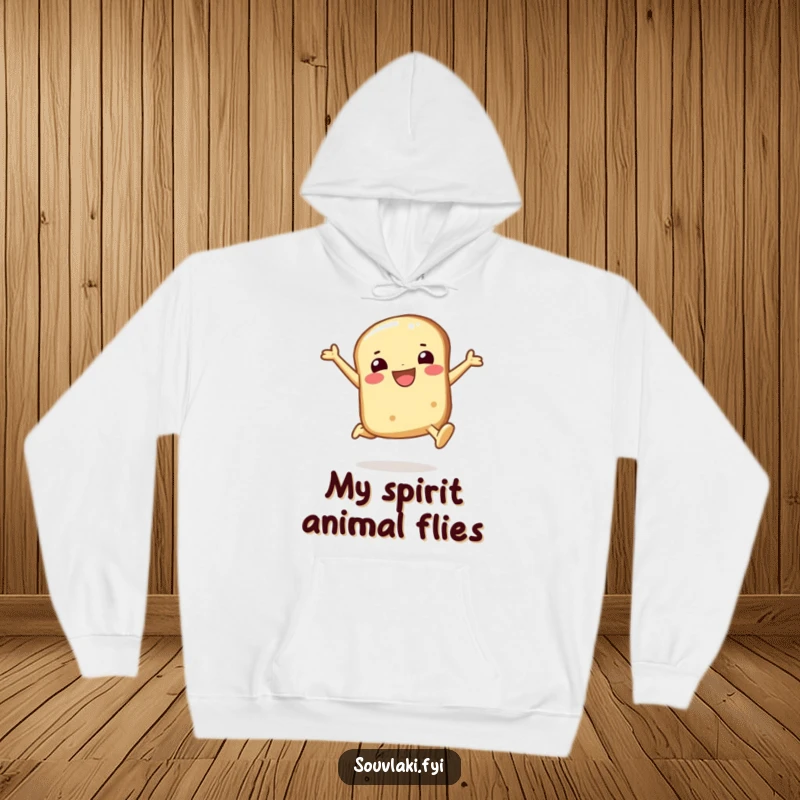 Funny pita bread hoodie showcasing a smiling character mid-joyful leap, offering warmth and a cheerful, uplifting design.