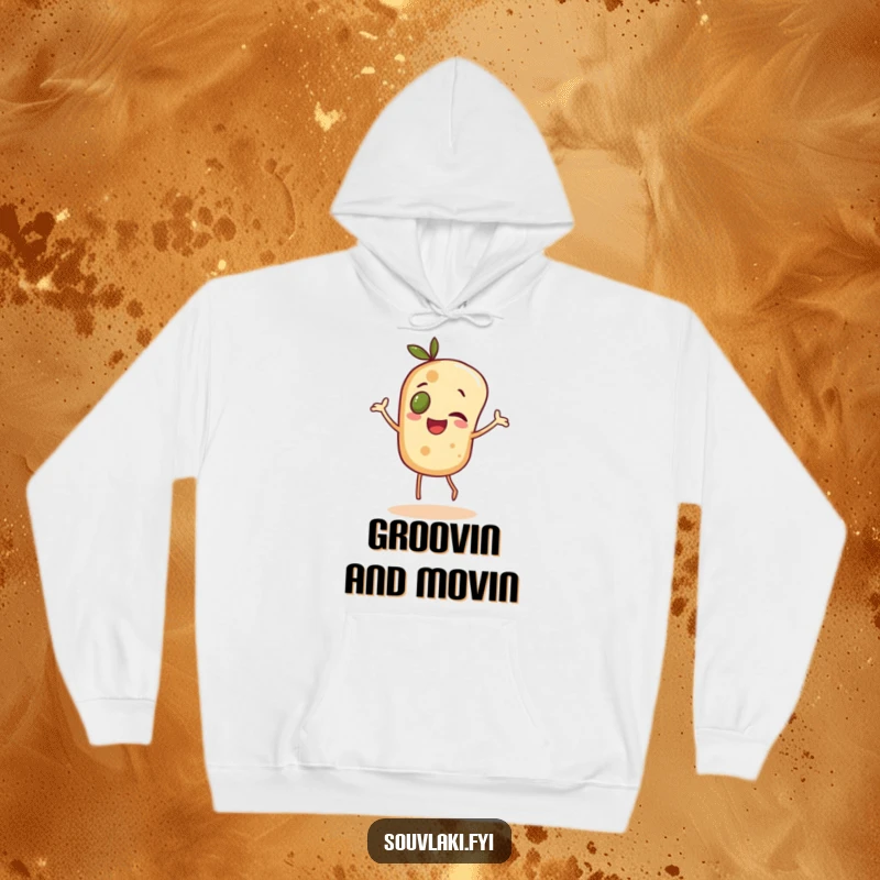 Funny pita bread character with an olive eye dancing joyfully, depicted on a cozy hoodie.