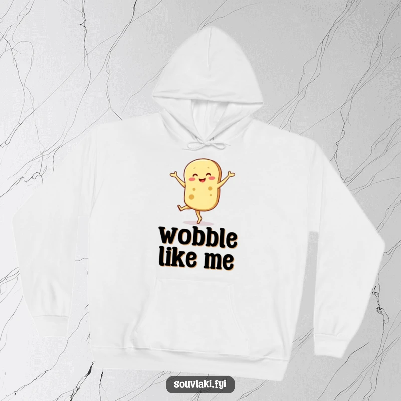 Funny hoodie depicting a smiling pita bread character in a surprisingly elegant, though wobbly, pirouette.
