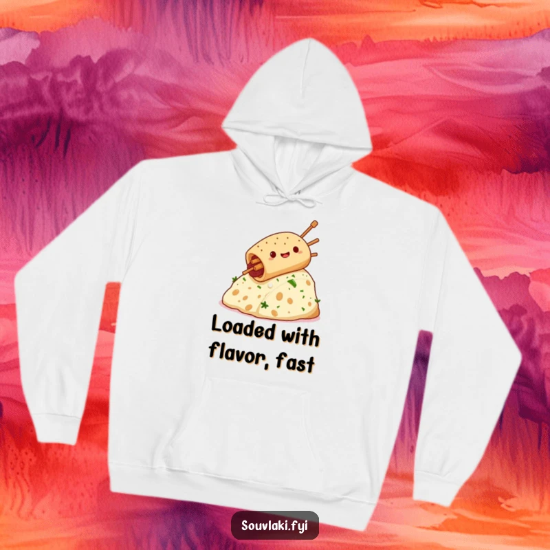 Funny, giddy souvlaki character speeding down a feta cheese mountain on a hilarious culinary adventure, featured on a warm hoodie.