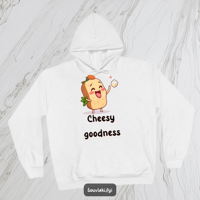 Funny Hoodie: A souvlaki character playfully tosses a tiny feta cube, offering warm, humorous, and joyful comfort.