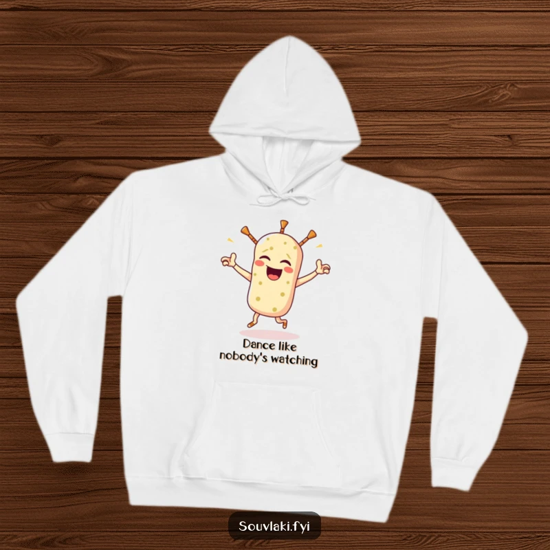Funny souvlaki hoodie featuring a winking Greek food character doing a celebratory little jig, perfect for cozying up with a laugh.