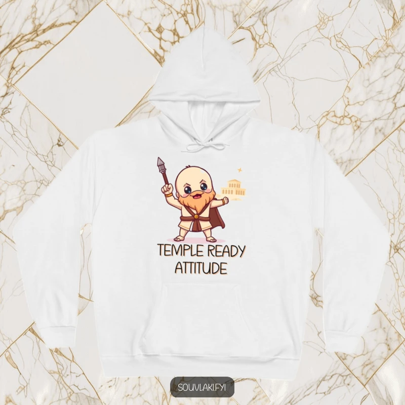 Funny souvlaki hoodie featuring a proud Greek food character posing heroically with a distant temple, offering epic and humorous warmth.