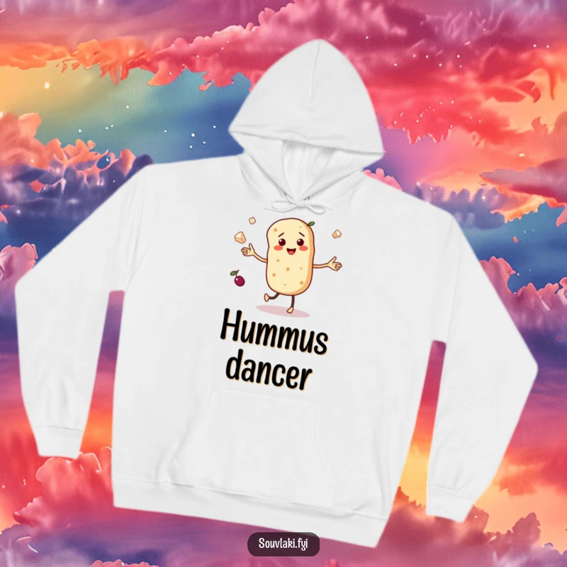 Funny hoodie depicting a dancing pita bread character with tiny arms, juggling miniature olives and feta cheese, offering cozy fun.