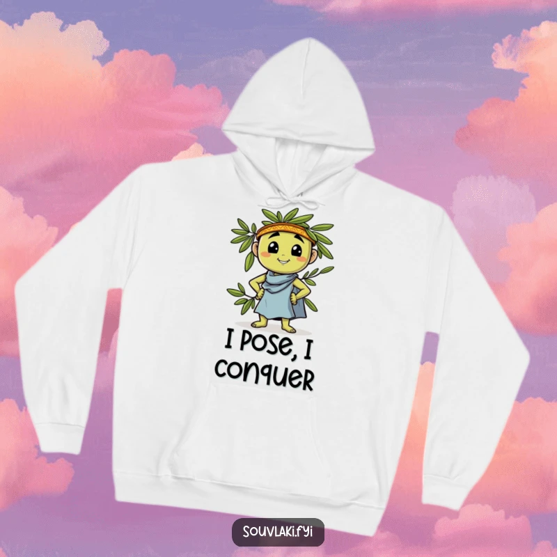 Funny Hoodie: A proud olive character confidently leans and strikes a Greek pose, radiating Mediterranean humor and style.