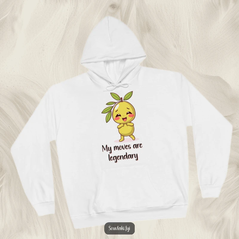Funny olive hoodie showcasing a giggling character performing a silly dance, offering warmth and a playfully energetic design.